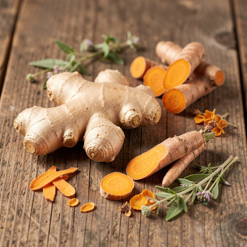Fresh ginger root and turmeric with digestive herbs on wooden surface