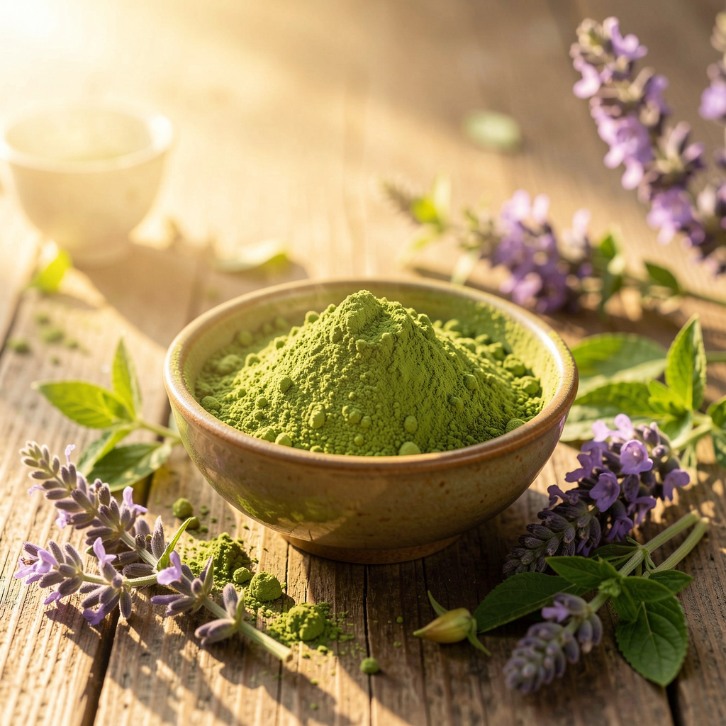 Vibrant green matcha powder and energizing botanicals in morning light